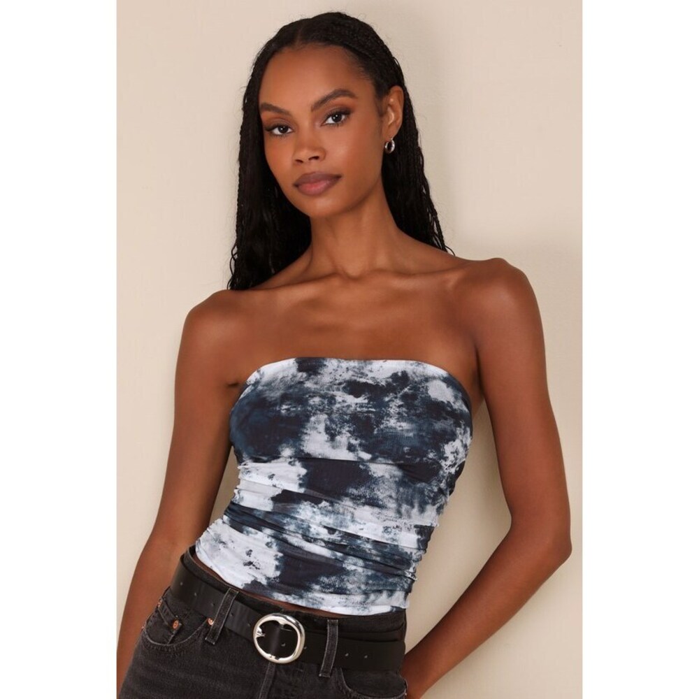 Lulus Flirty Focus Dark Blue Abstract Print Mesh Strapless Crop Top - Size M